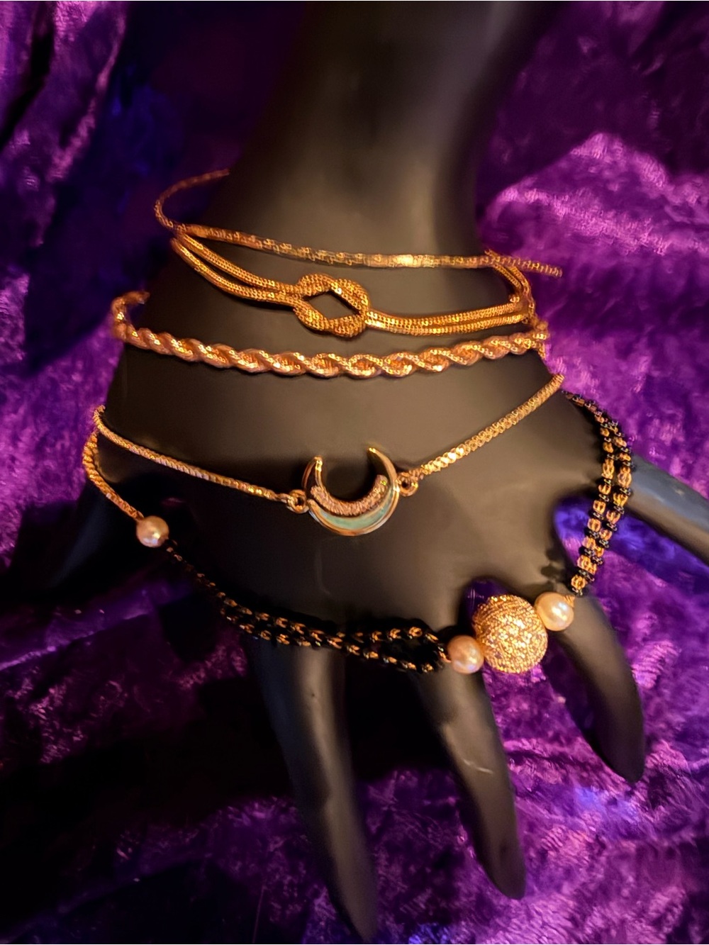 5 Gold-Tone Layered Bracelet Set with Crescent Charm and Black Beaded Accent